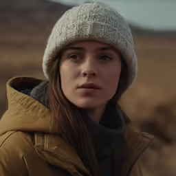 young woman standing in brown field wearing yellow coat and knitted hat