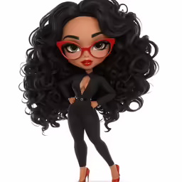a doll wearing red sunglasses, a suit and heels