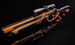 a close up of an orange and black rifle