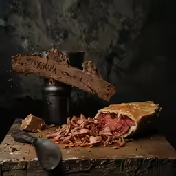 a ham and other food on a wooden counter next to a glass