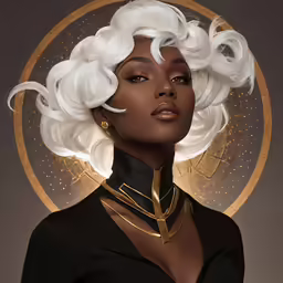 an african american woman wearing a black shirt and gold choker
