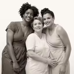 three women posing for a picture in the same clothing
