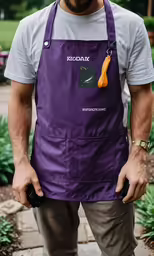 the man wears an apron that is designed to carry scissors