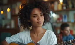 a girl playing an acoustic guitar in a restaurant