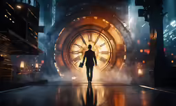 a man in a suit standing inside of a giant clock tower