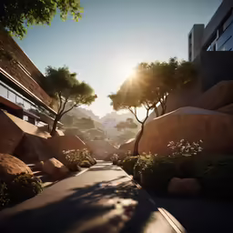 there is a sun setting over the road that leads to a building