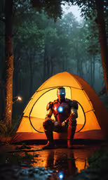 an image of a man in a suit with a camera sitting inside of a tent,a person sits outside a glowing superhero tent