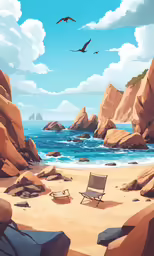 an outdoor area with chairs, two birds flying, and some large rocks