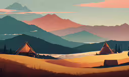 the sun rising over a mountain range with two native american huts,the silhouettes of people standing near tents are featured in this stylized painting