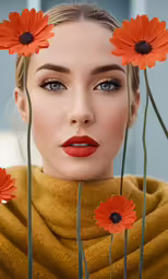 the model is posing for the photo shoot with red flowers in front of her