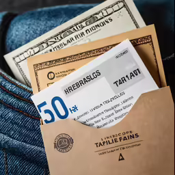 a pair of blue jeans has a stack of $ 50 bills sticking out of it