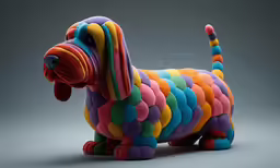 colorful dog made out of fabric on grey background