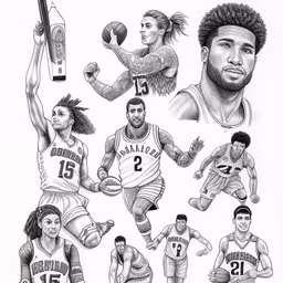 a group of basketball players on white paper,the nba players in the uniform of each team,the six lakers team that are depicted in this hand - drawn drawing,a black and white drawing of basketball players,a drawing of the basketball players in different poses