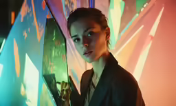 woman looking away and standing in front of brightly colored wall