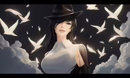 woman with black hat in the sky surrounded by doves