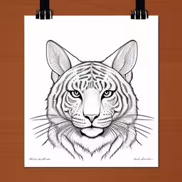 an ink drawing of a tiger on paper,a white paper with a black and white tiger