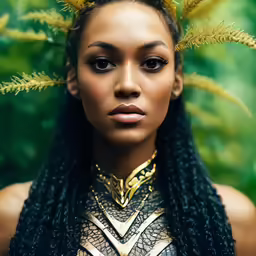 an african american girl with long braids and a gold necklace on
