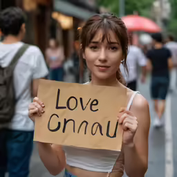 a young woman standing on a city street holding a sign that says love ornau