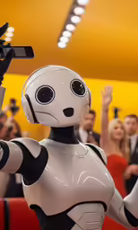 a robot holding up two cameras at an event