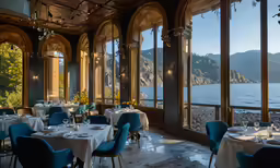 a restaurant with tables and chairs, overlooking a lake