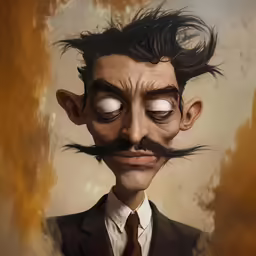 man with fake hair and fake eyes holding a moustache on his face
