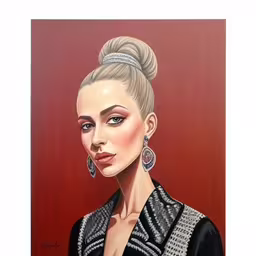a painting of a woman with her hair in high buns,portrait of woman wearing black and white jacket with silver hoops,a painting of a woman wearing silver earrings,a painting of a woman in a dress on a red background,an art print with a beautiful woman