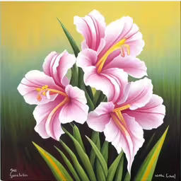 pink flower on a green background,pink flower painting on green grass with yellow background,a painting of some pink flowers on green grass,a painting of pink flowers in an abstract manner,a painting of some flowers sitting on top of grass