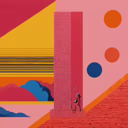 a man in a suit walking across a red brick walkway,two people standing on a rooftop with a pink, blue and yellow background