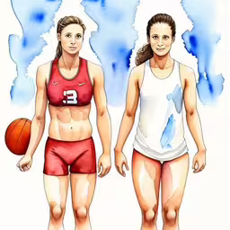 two young women are holding a basketball ball,two women standing in a tank top and swimsuit,a watercolor painting showing two women in different sports uniforms,this is an illustration of a couple of women in swimsuits and basketball equipment,two girls in underwear holding a basketball