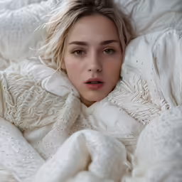 a young woman laying in bed under blankets