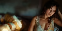 a woman sitting next to a bed in a bedroom