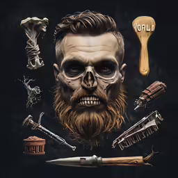 there is a skull face and several other items surrounding it