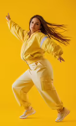 young woman wearing a yellow outfit and white shoes