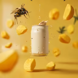 a jar of food is flying in front of a whole fruit fly