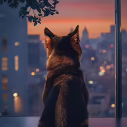 a dog sits on the ledge of a high rise building at dusk