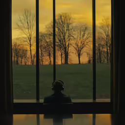 a man is looking through a window with a view of trees in the background