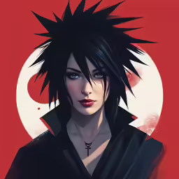 a girl with spiked hair in front of a red background