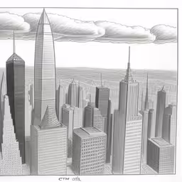 black and white drawing of city buildings and clouds,pencil drawing of city skyline from the top of a building