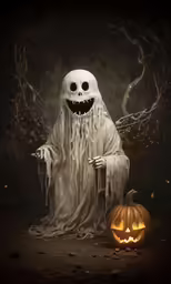 a creepy ghost standing next to a pumpkin