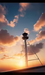 a photograph of a lighthouse with the sun setting behind it