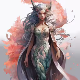 a girl with horns, leaves and a dress in the style of anime,a girl in a dress with long hair and horns