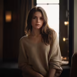 a woman with long hair wearing a sweater standing next to a window