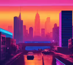 a city filled with tall buildings under an orange and pink sky,a highway with a city in the background at sunset