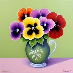a painting of colorful pansies in a green vase,this is an oil painting of pansies in a vase