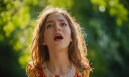 the girl is looking upward with open mouth