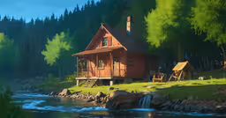 a small, red cabin is on the bank of a river,a house with wooden shingled sidings by the river