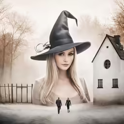 two people walking in the middle of a yard with a witches hat on top