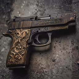 a golden metal gun on a grey surface