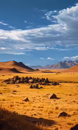 a view of a dry field with rocks and sparse grass