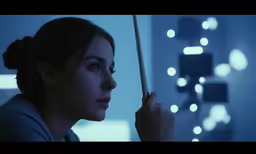 a woman in the dark holding a wand